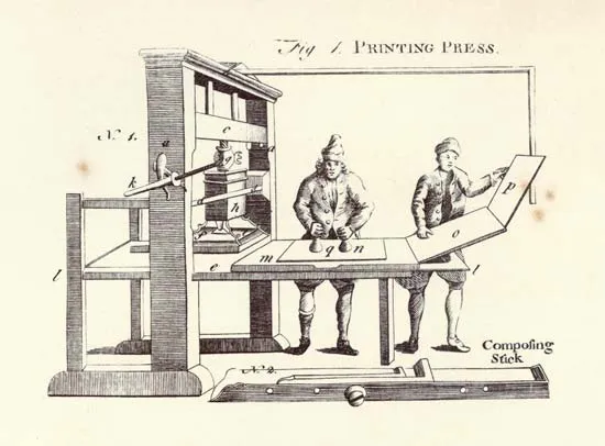 An early printing press with compositors setting movable type