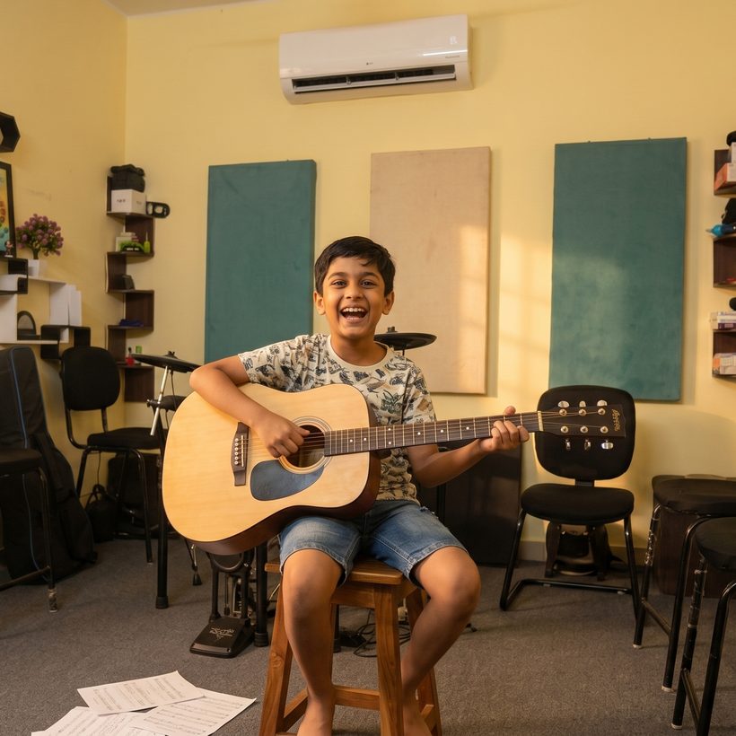 A happy young student playing acoustic guitar at Aura Music School